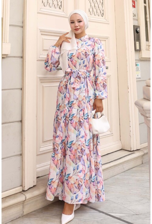 Kadın Desenli Uzun Tesettür Elbise 2586