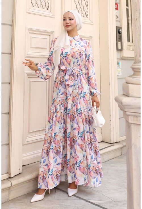 Kadın Desenli Uzun Tesettür Elbise 2586
