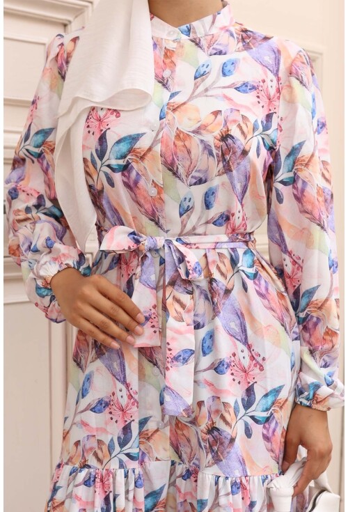 Kadın Desenli Uzun Tesettür Elbise 2586