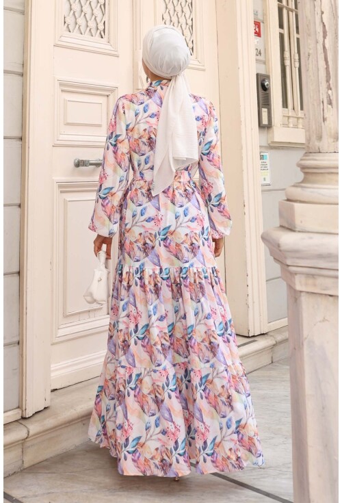 Kadın Desenli Uzun Tesettür Elbise 2586