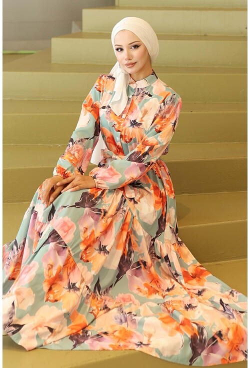 Kadın Desenli Uzun Tesettür Elbise 2586