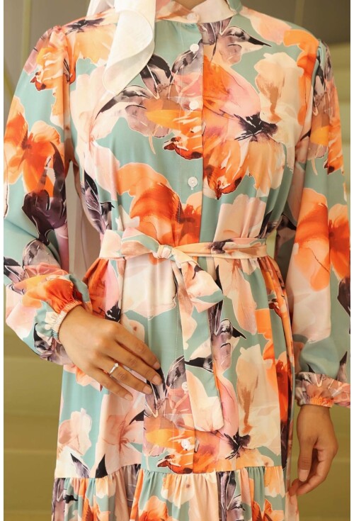 Kadın Desenli Uzun Tesettür Elbise 2586