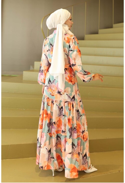 Kadın Desenli Uzun Tesettür Elbise 2586