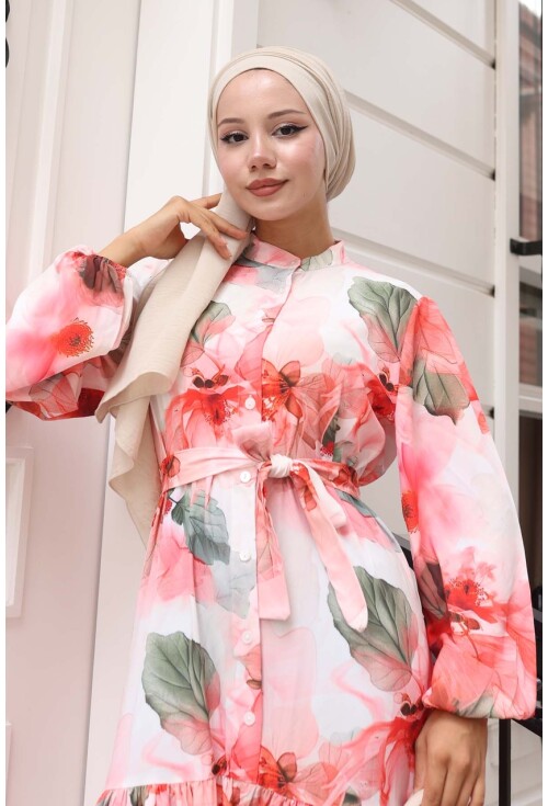 Kadın Desenli Uzun Tesettür Elbise 2586