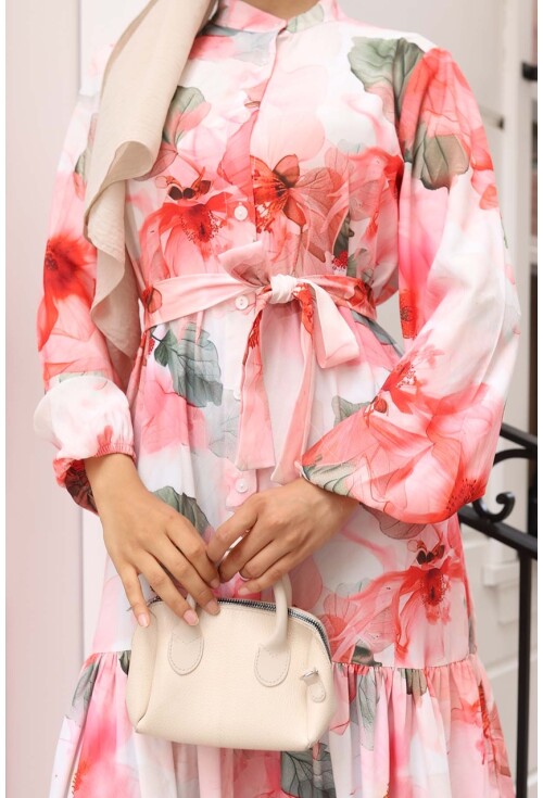 Kadın Desenli Uzun Tesettür Elbise 2586