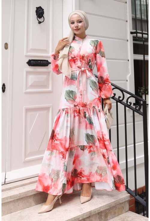 Kadın Desenli Uzun Tesettür Elbise 2586