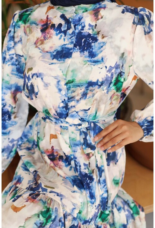 Kadın Desenli Uzun Tesettür Elbise 2586