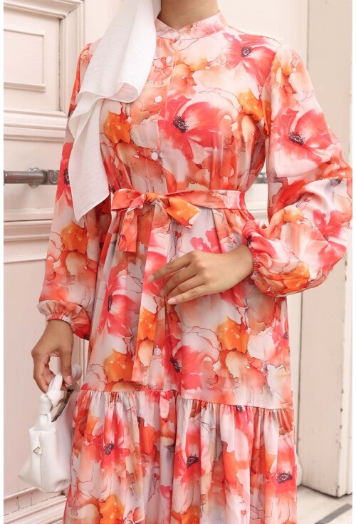 Kadın Desenli Uzun Tesettür Elbise 2586