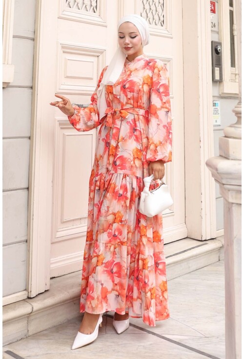 Kadın Desenli Uzun Tesettür Elbise 2586