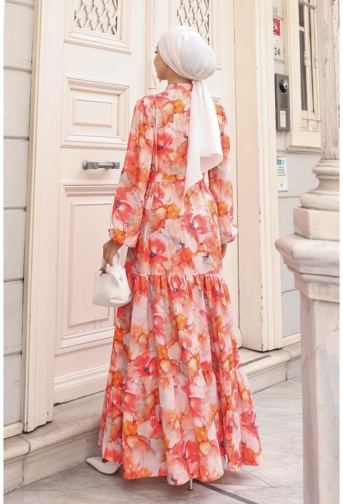 Kadın Desenli Uzun Tesettür Elbise 2586