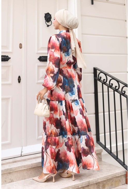 Kadın Desenli Uzun Tesettür Elbise 2586