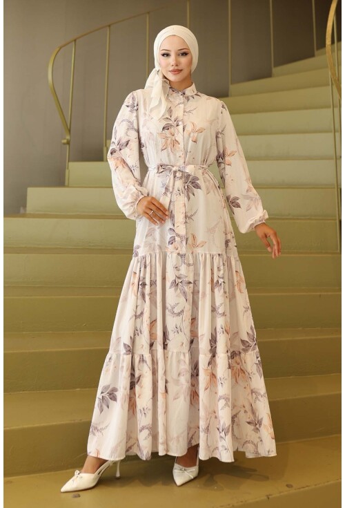 Kadın Desenli Uzun Tesettür Elbise 2586