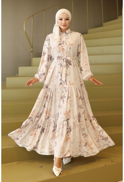 Kadın Desenli Uzun Tesettür Elbise 2586