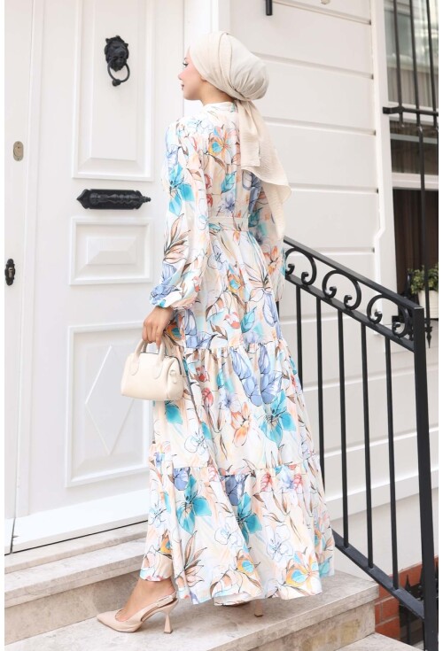 Kadın Desenli Uzun Tesettür Elbise 2586