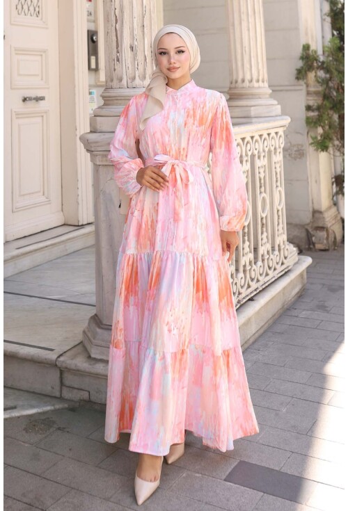 Kadın Desenli Uzun Tesettür Elbise 2586