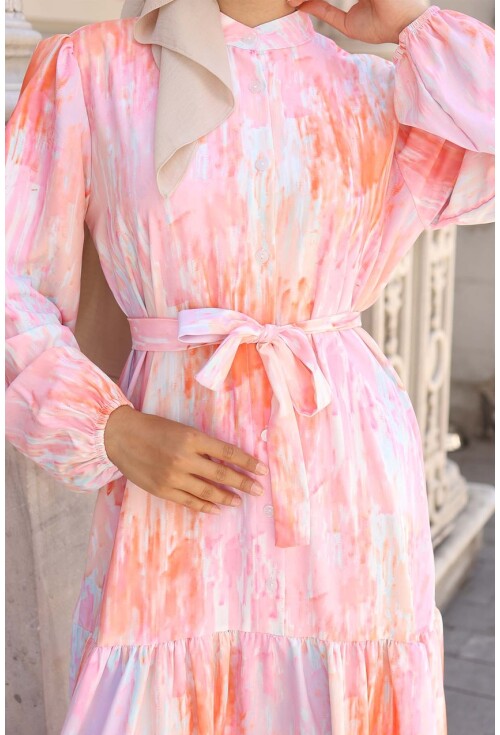 Kadın Desenli Uzun Tesettür Elbise 2586