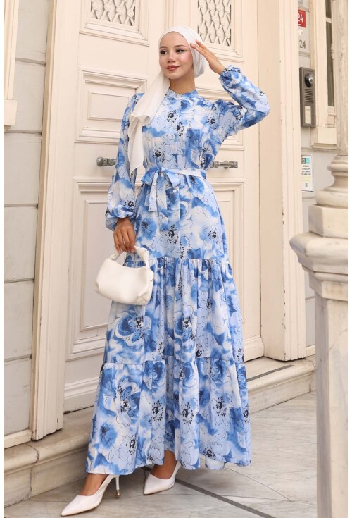 Kadın Desenli Uzun Tesettür Elbise 2586