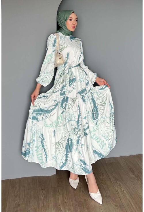 Kadın Desenli Uzun Tesettür Elbise 2586