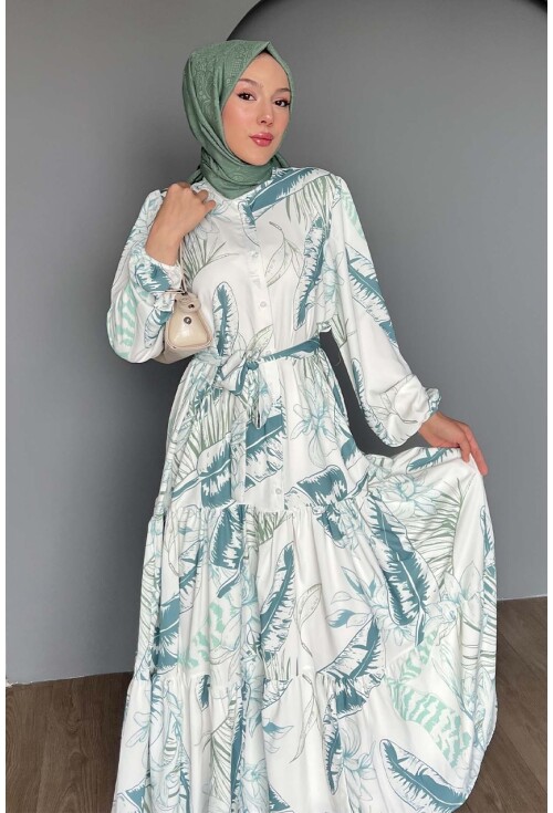 Kadın Desenli Uzun Tesettür Elbise 2586