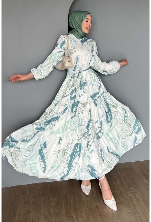 Kadın Desenli Uzun Tesettür Elbise 2586