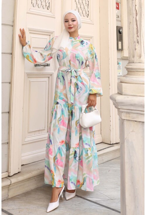 Kadın Desenli Uzun Tesettür Elbise 2586