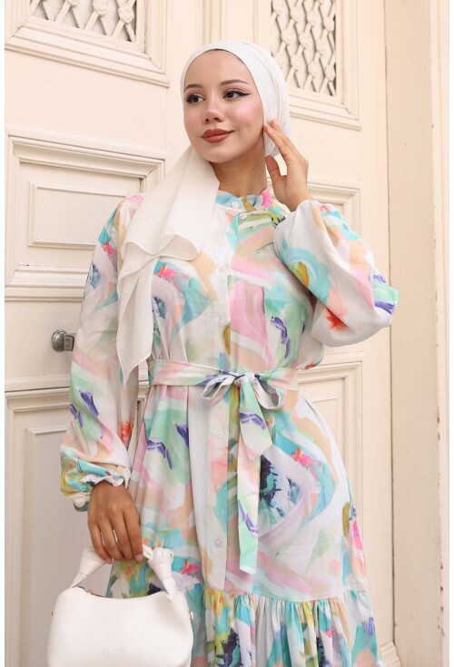 Kadın Desenli Uzun Tesettür Elbise 2586