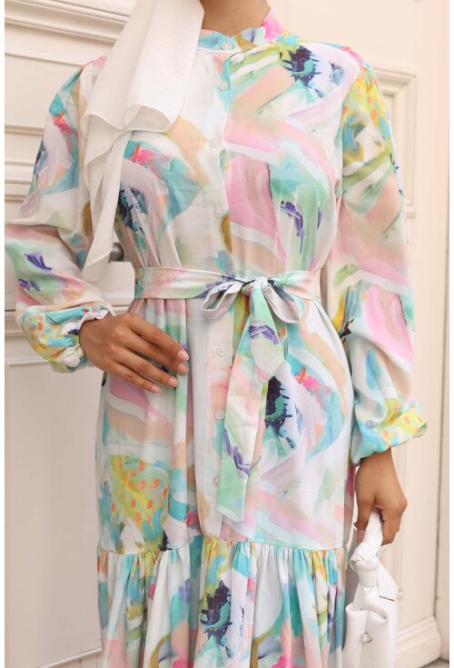 Kadın Desenli Uzun Tesettür Elbise 2586