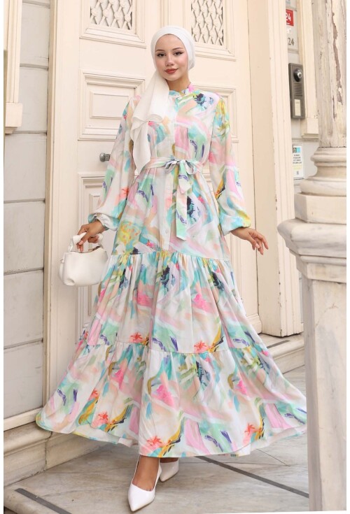 Kadın Desenli Uzun Tesettür Elbise 2586