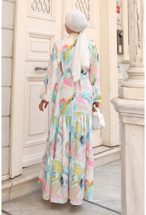 Kadın Desenli Uzun Tesettür Elbise 2586