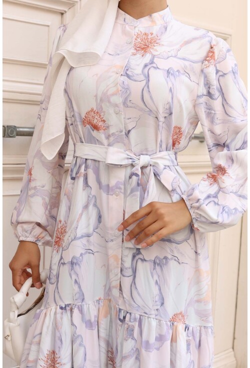 Kadın Desenli Uzun Tesettür Elbise 2586