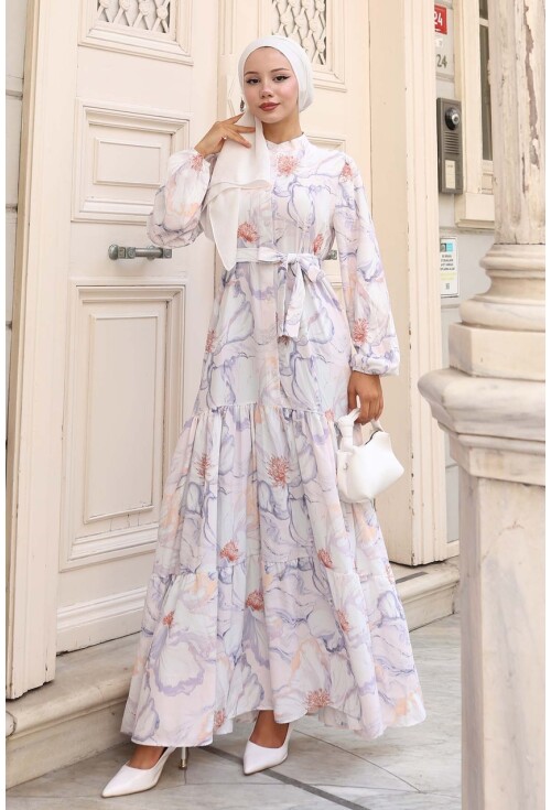 Kadın Desenli Uzun Tesettür Elbise 2586