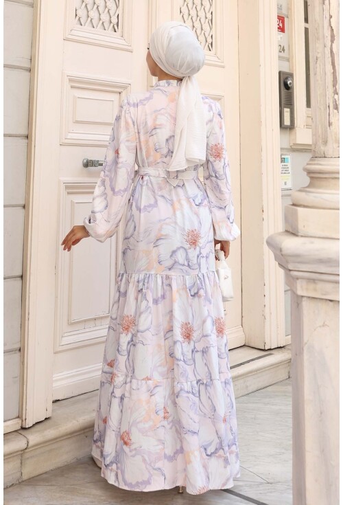 Kadın Desenli Uzun Tesettür Elbise 2586