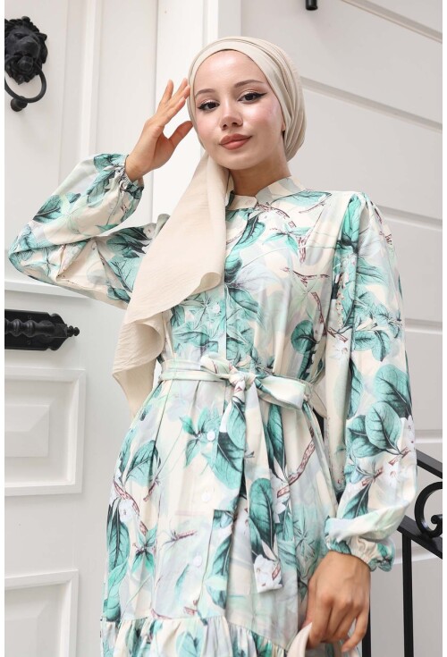 Kadın Desenli Uzun Tesettür Elbise 2586