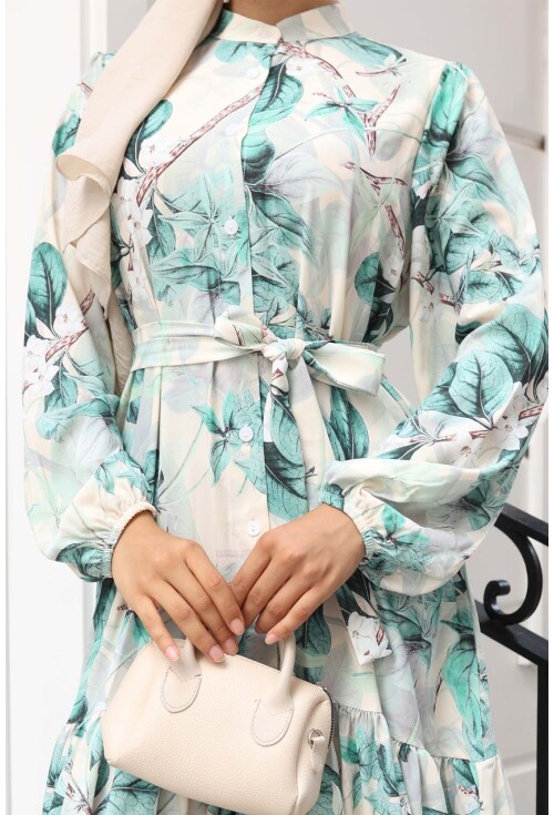 Kadın Desenli Uzun Tesettür Elbise 2586