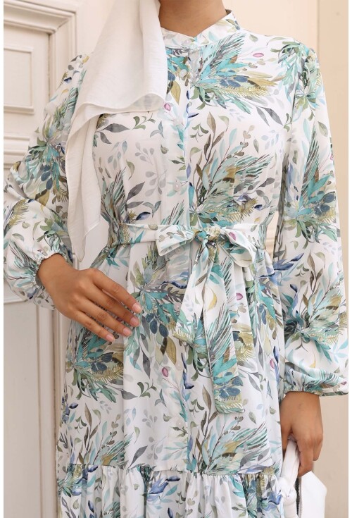 Kadın Desenli Uzun Tesettür Elbise 2586