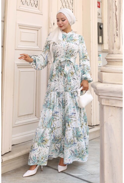 Kadın Desenli Uzun Tesettür Elbise 2586