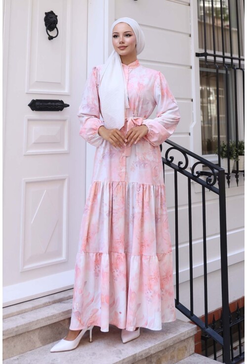 Kadın Desenli Uzun Tesettür Elbise 2586