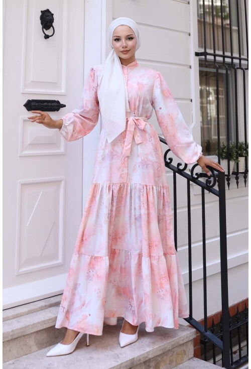 Kadın Desenli Uzun Tesettür Elbise 2586