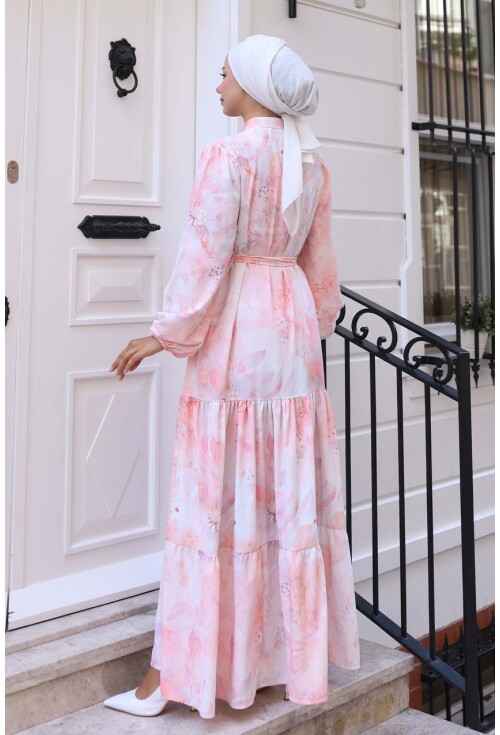 Kadın Desenli Uzun Tesettür Elbise 2586