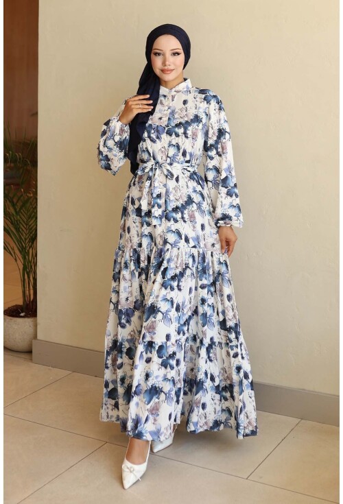 Kadın Desenli Uzun Tesettür Elbise 2586