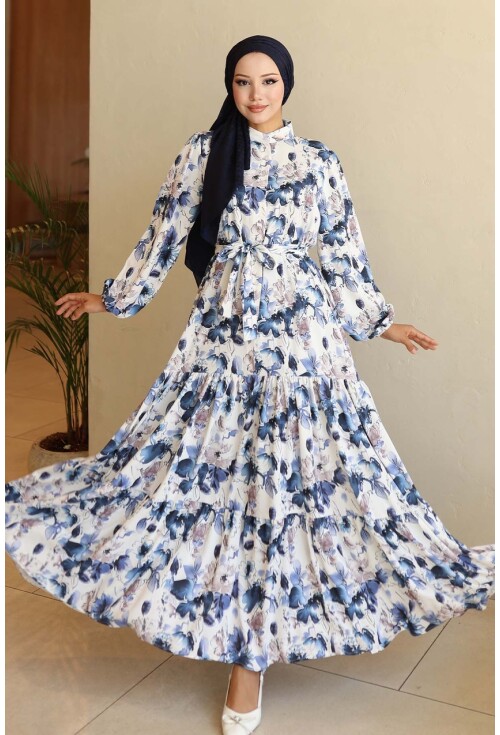 Kadın Desenli Uzun Tesettür Elbise 2586