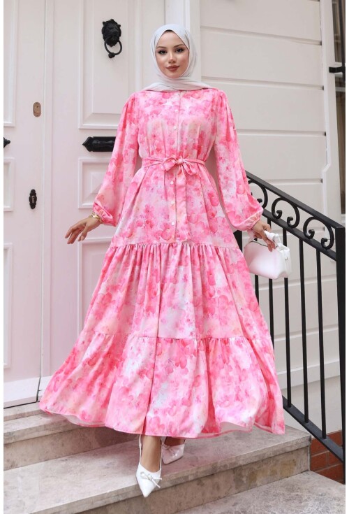 Kadın Desenli Uzun Tesettür Elbise 2586