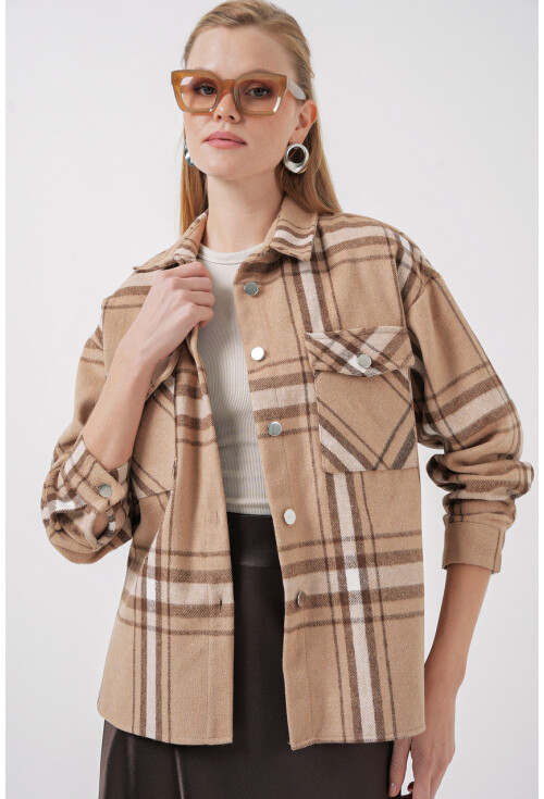 Kadın Ekose Desen Oversize Oduncu Gömlek 3854
