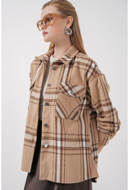 Kadın Ekose Desen Oversize Oduncu Gömlek 3854