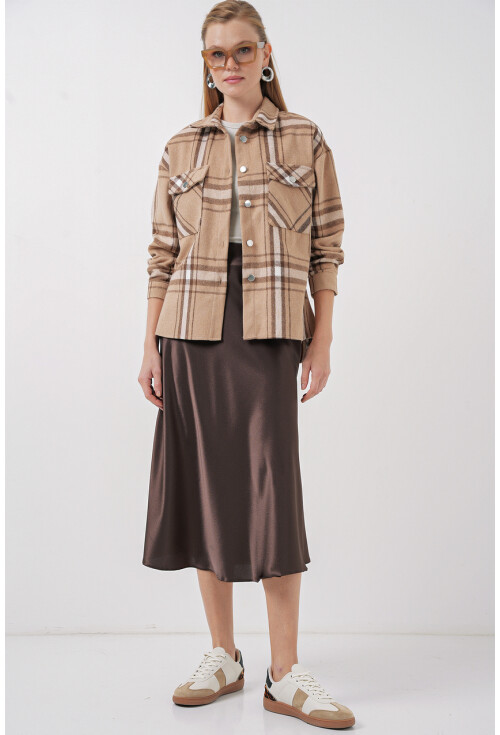 Kadın Ekose Desen Oversize Oduncu Gömlek 3854