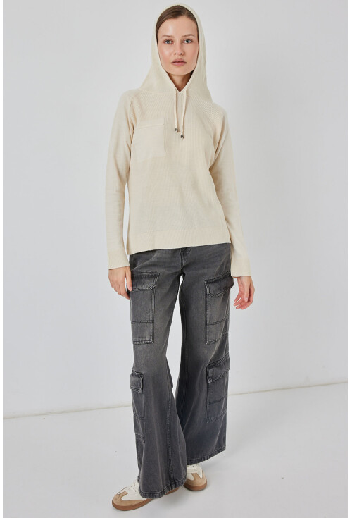 Kadın Kapüşonlu Triko Kazak 15941