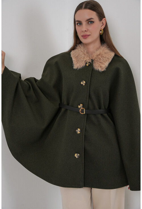 Kadın Kemerli Kaşe Panço 9165