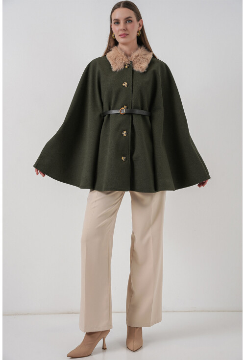 Kadın Kemerli Kaşe Panço 9165