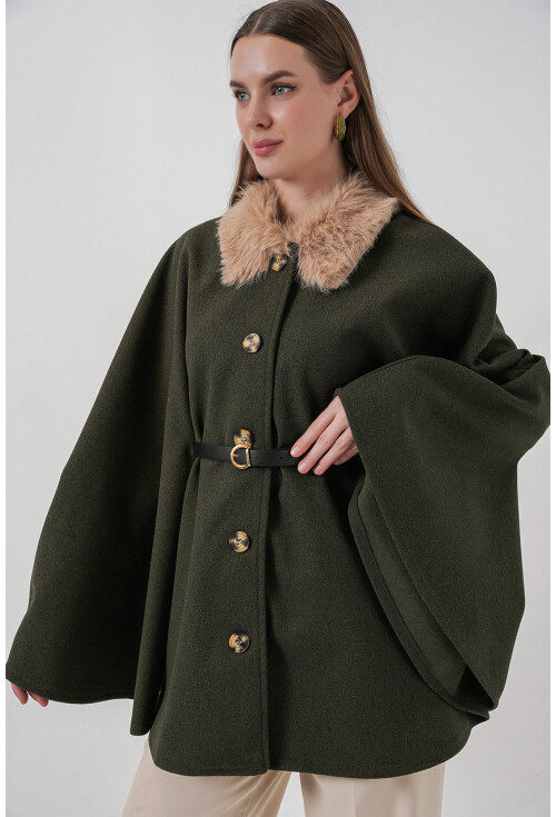 Kadın Kemerli Kaşe Panço 9165