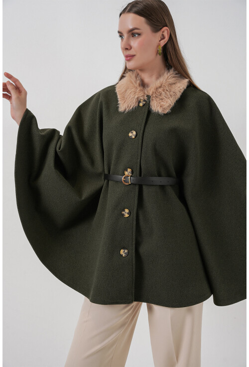 Kadın Kemerli Kaşe Panço 9165